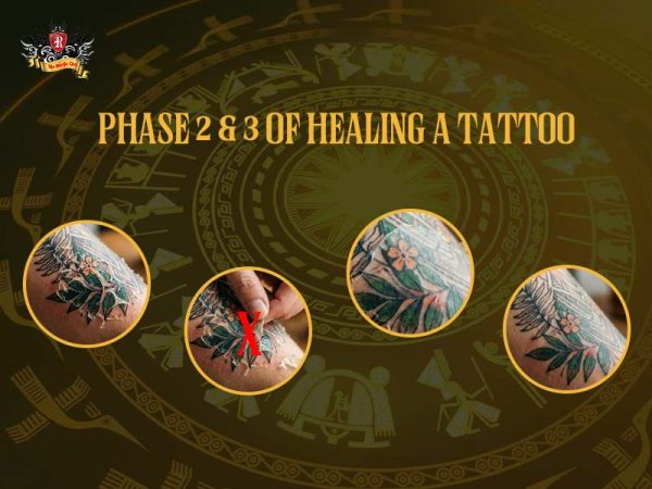 Tattoo healing process Phase 2 and 3 showing peeling skin, moisturizing and aftercare for new tattoos, tattoo healing process