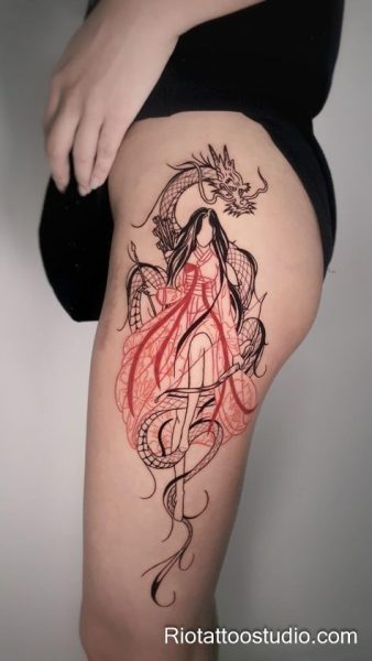 Realistic howling wolf thigh tattoo with stars and constellation on upper thigh, thigh tattoo ideas