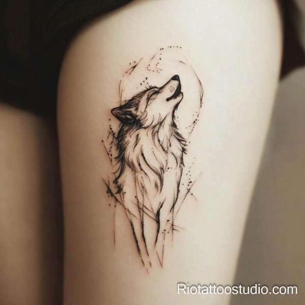 Masterful black and grey Hannya mask thigh tattoo by Rio Tattoo Studio, featuring realistic torn-skin effects and intense shading.