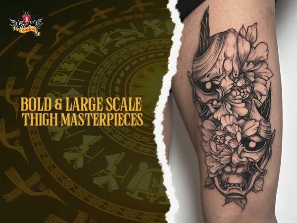 Bold Japanese Hannya mask thigh tattoo with large peonies in black and grey on upper thigh, thigh tattoo ideas