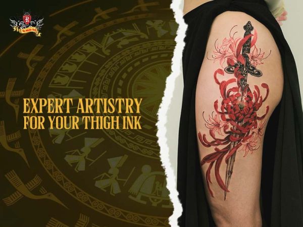 Japanese sword with red spider lilies thigh tattoo in vibrant color on upper thigh, thigh tattoo ideas