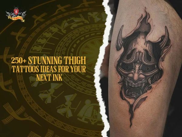 Realistic Oni mask thigh tattoo with torn skin effect and horns in black and grey, thigh tattoo ideas