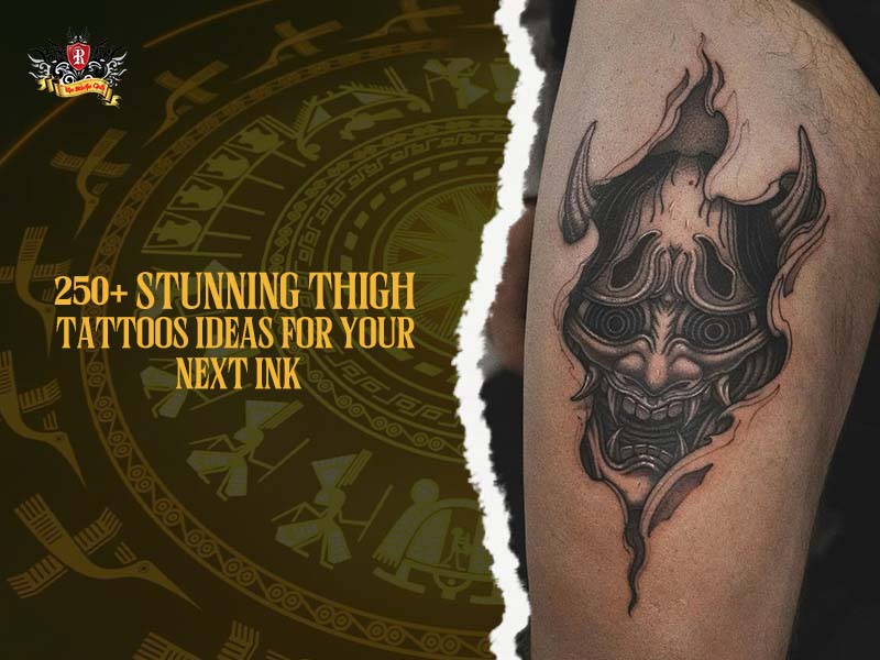 Realistic Oni mask thigh tattoo with torn skin effect and horns in black and grey, thigh tattoo ideas