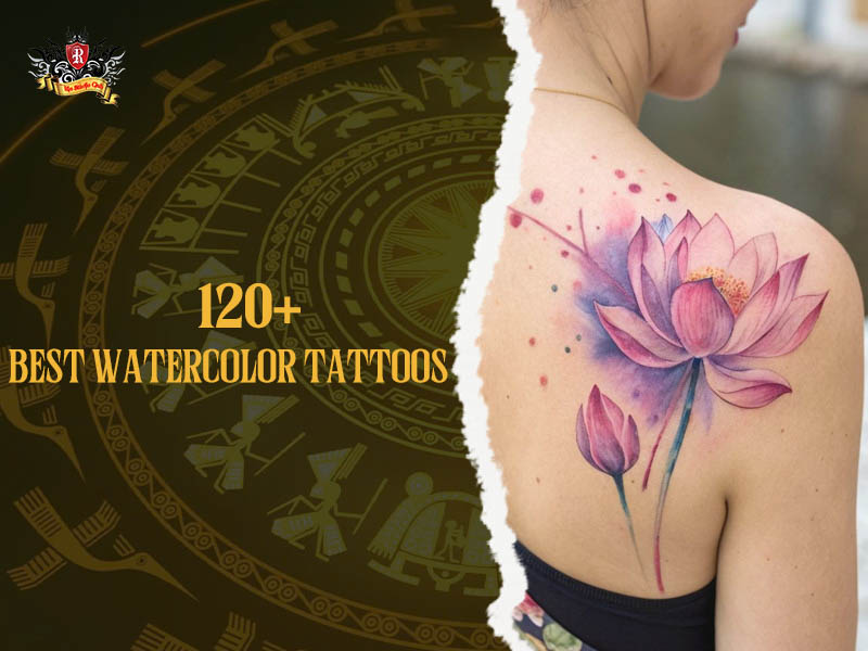Water paint tattoo lotus flower design on back with vibrant watercolor style