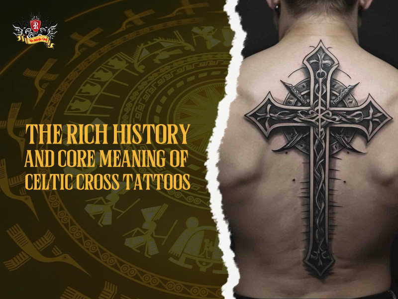 Black and grey Celtic cross tattoo on back showing intricate knotwork.