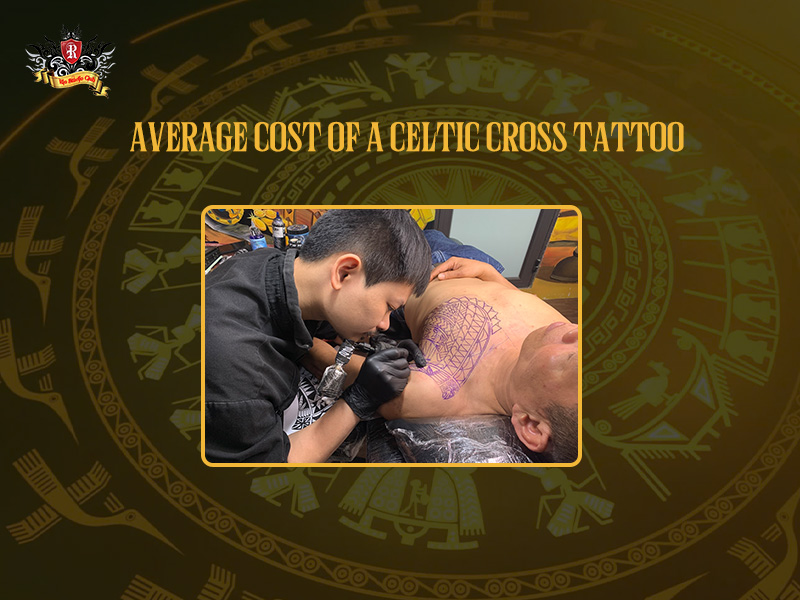 Professional artist creating fine-line Celtic cross tattoo in a clean studio.