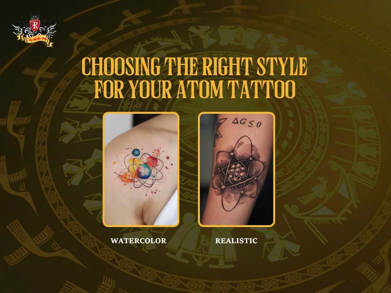 Comparison of watercolor and realistic atom tattoo styles on skin.