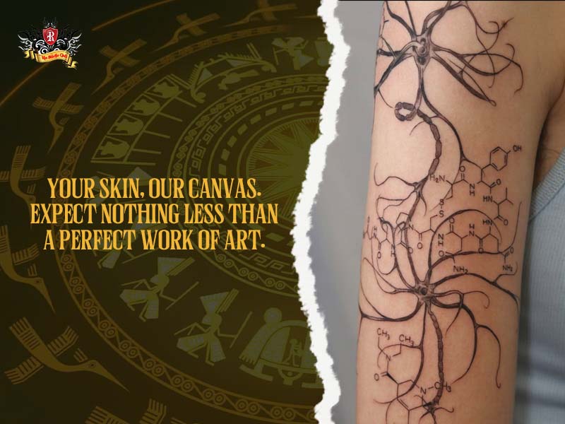 Impressive atom tattoo masterpiece on skin representing science and art.