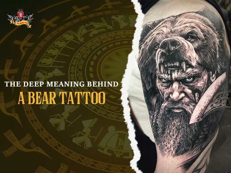 Mythological bear tattoo in black and grey with ancient symbols.