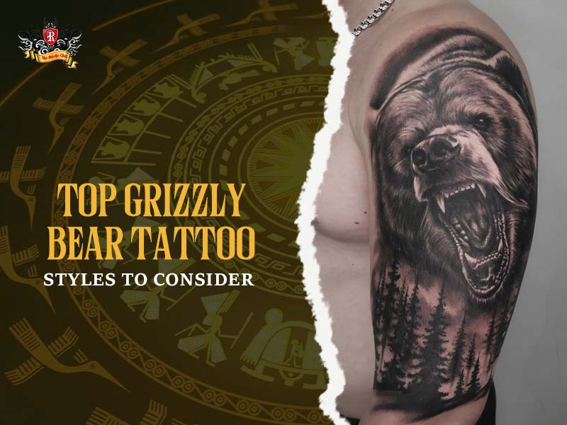 Muscular grizzly bear tattoo on bicep with detailed fur and shoulder hump.