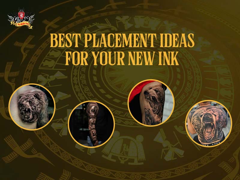 Common body placements for a bear tattoo on chest, back, and arm.