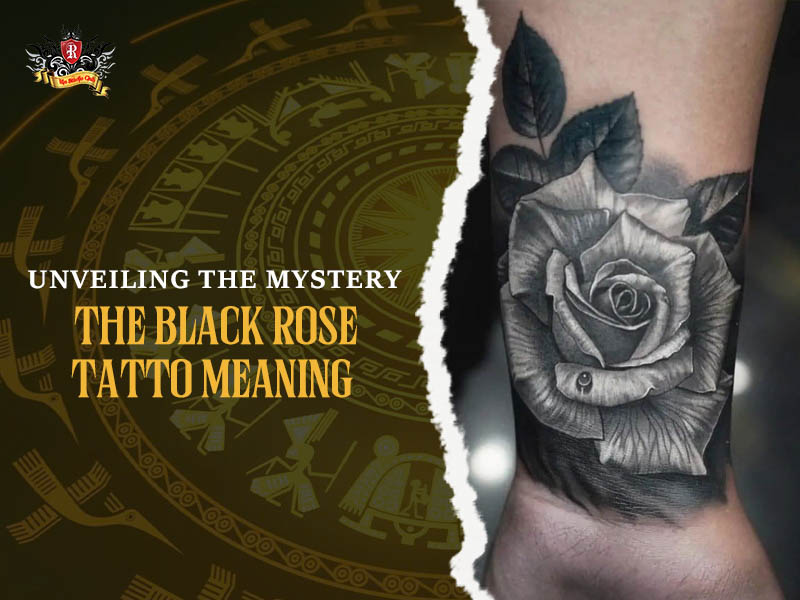 Close up of a dark elegance black rose tattoo next to a sketch.
