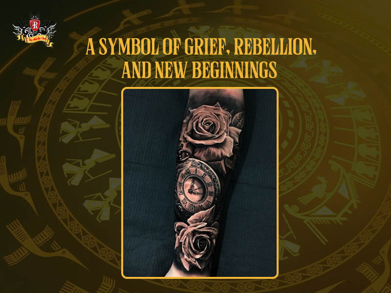 Elegant black rose tattoo with an hourglass and a swallow design.