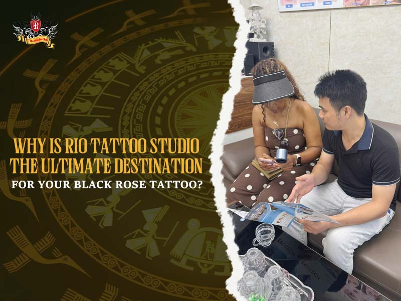 Professional artist consulting a foreign client for a black rose tattoo.