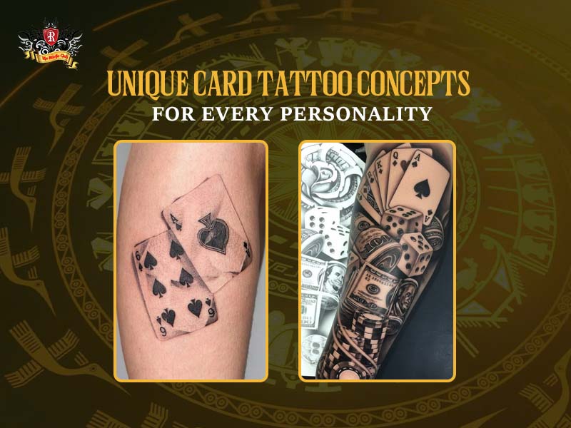 A collage of fine-line and realistic card tattoo for men and women.