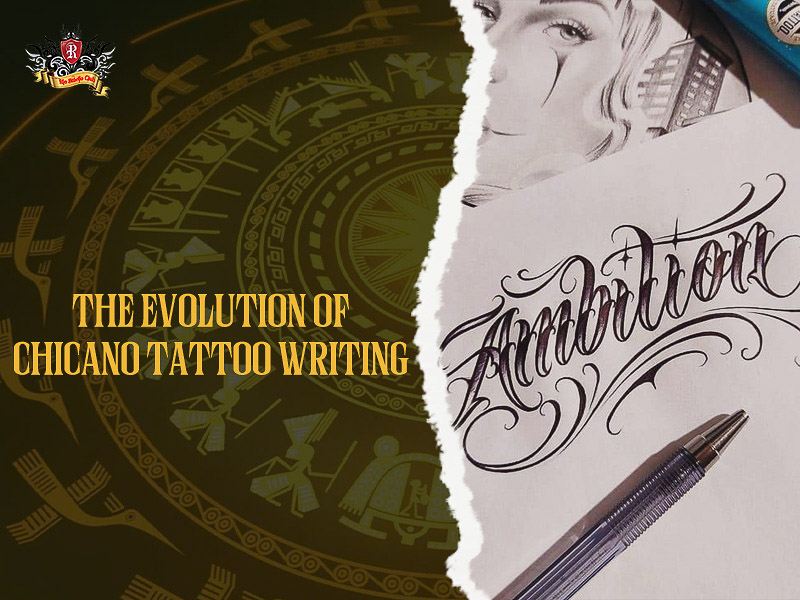 Hand-drawn sketch process for chicano lettering tattoo art.