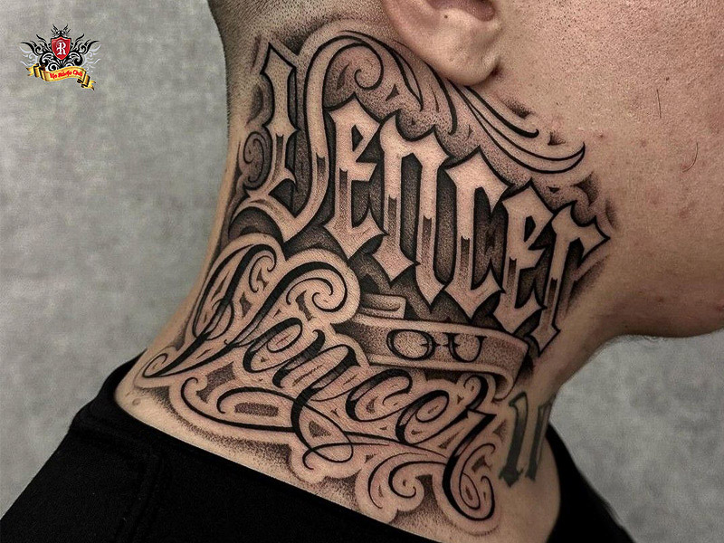 Sharp side neck chicano lettering tattoo design.