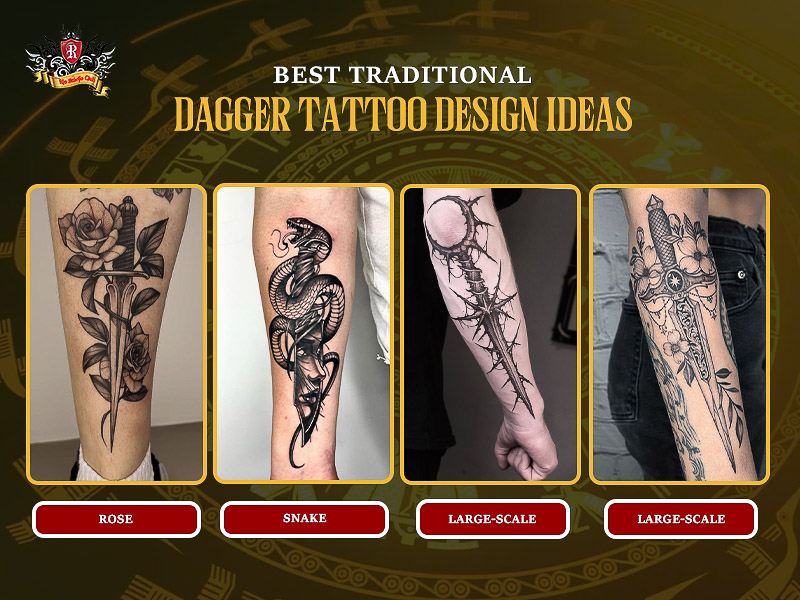 Collection of best traditional dagger tattoo design ideas.