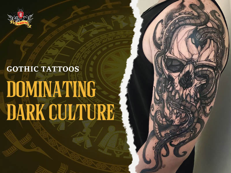 Detailed black and grey gothic tattoos of a skull and raven on skin.