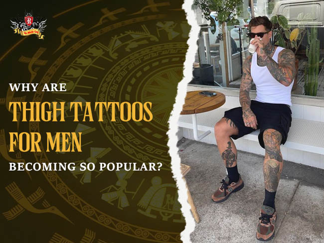 Trending guys thigh tattoos design showcasing masculine ink art.