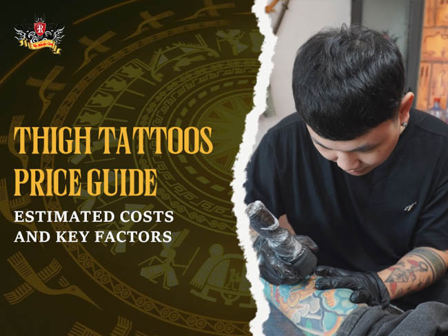 Artist measuring and tattooing detailed guys thigh tattoos on a client.