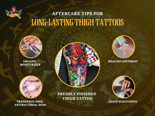 High quality aftercare products next to fresh guys thigh tattoos.