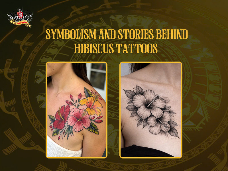 Diverse hibiscus tattoo styles in red, yellow, and black and white.