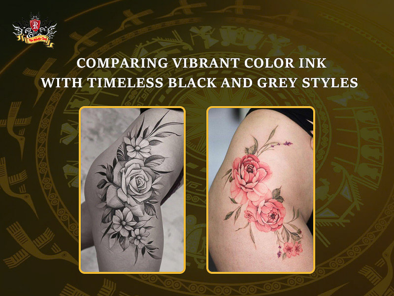 Color vs black and grey hip tattoo design comparison.