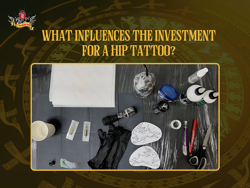 Professional tools for a high-quality tattoo hip design.