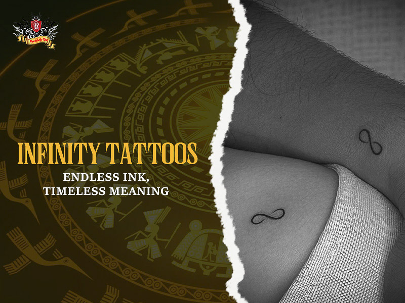 Close-up artistic black and white infinity tattoo design.