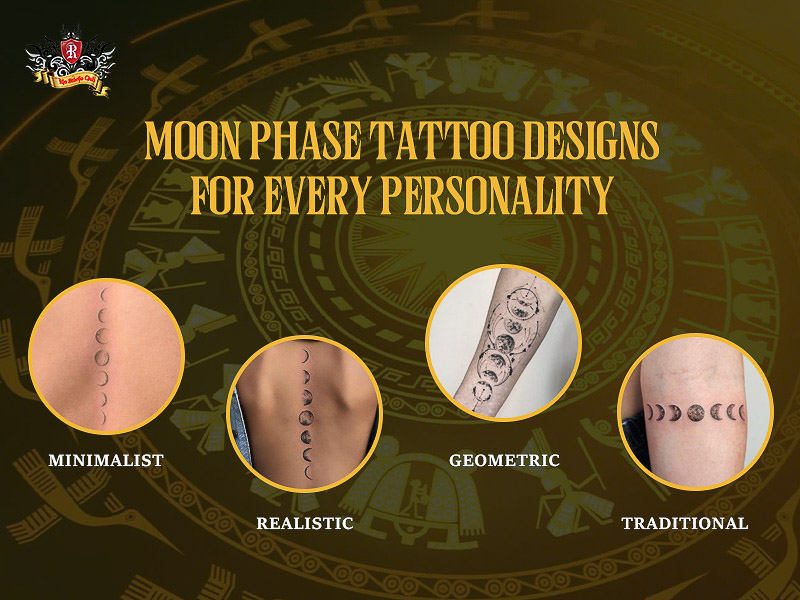 Four distinct styles of moon phase tattoo art.