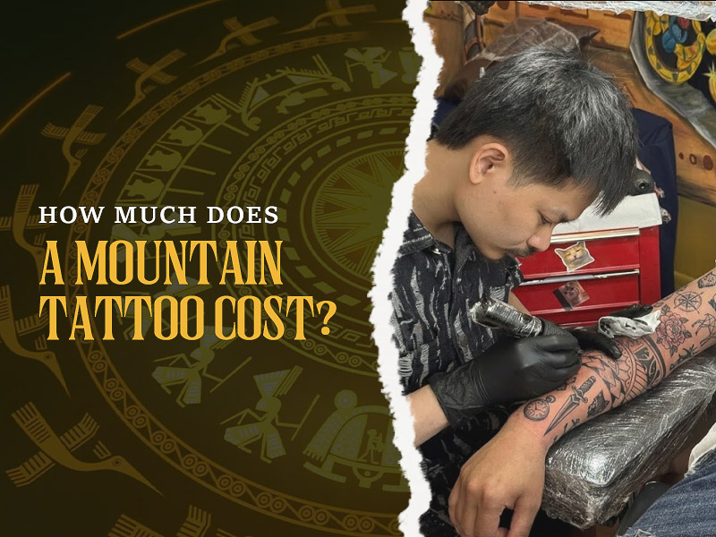 Professional artist working on a detailed mountain tattoos piece.