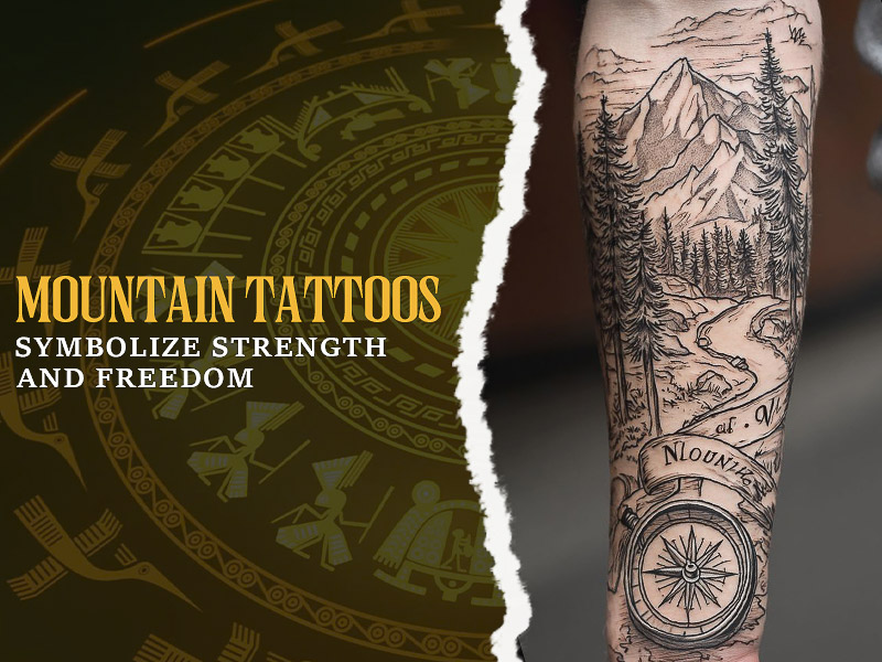 Detailed mountain tattoos with compass symbolizing freedom.