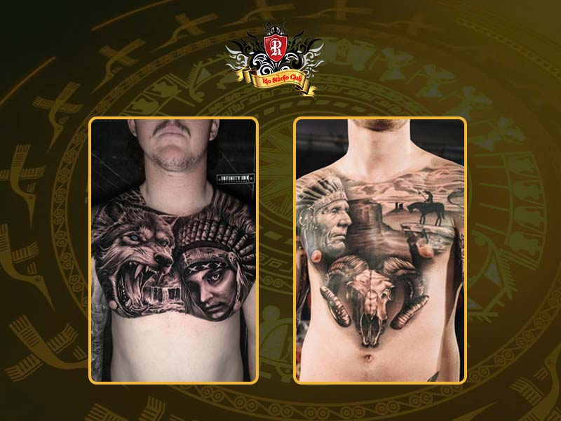 Large full chest native american tattoos featuring eagle wings and chief.