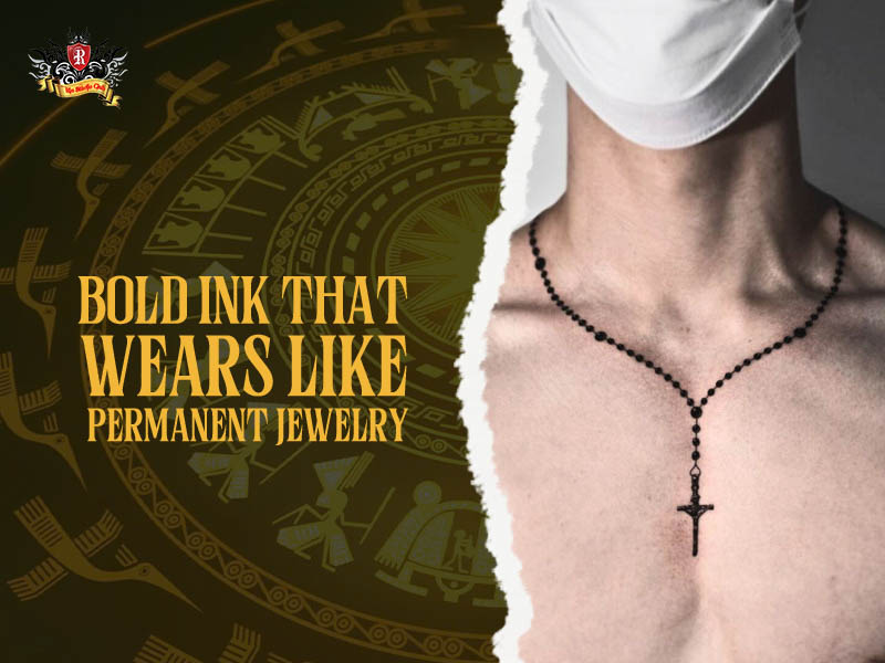 Bold necklace tattoo men design with text permanent jewelry.