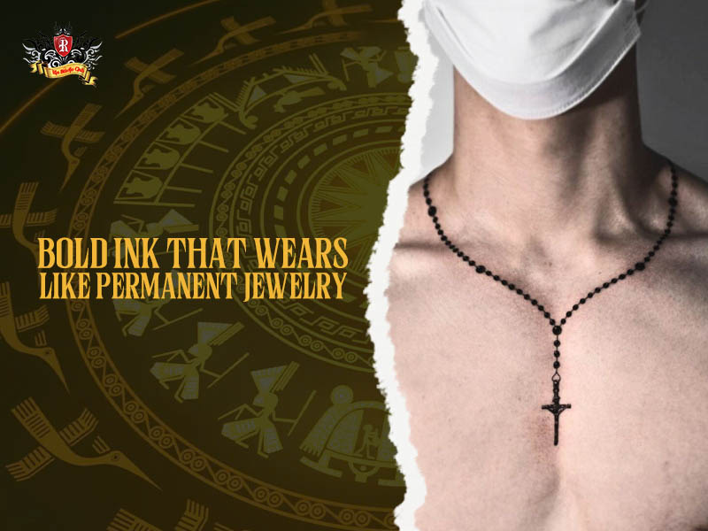 Bold necklace tattoo men design with text permanent jewelry.
