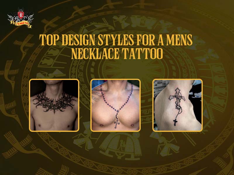 Bold tribal necklace tattoo men design with large black patterns.