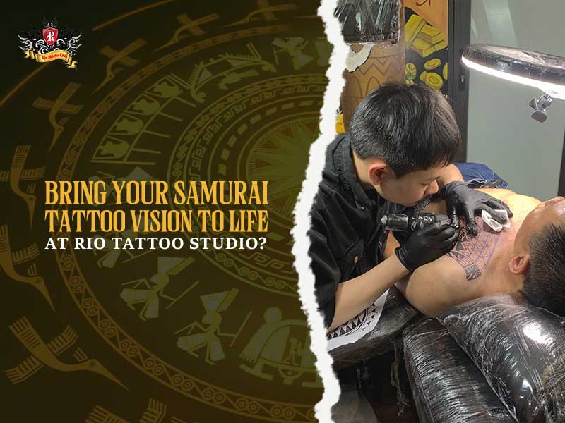 Professional artist focusing on creating a custom samurai tattoo for a client at Rio Tattoo Studio