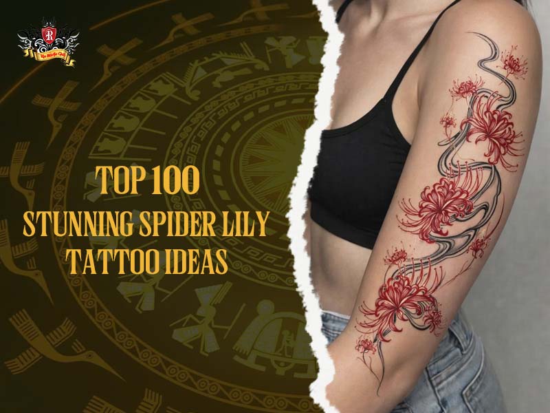Beautiful red spider lily tattoo design on shoulder for women