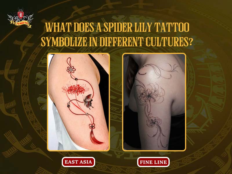 Red spider lily tattoo on shoulder symbolizing mystery and reincarnation