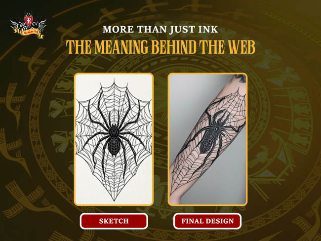 Collage of classic sketch and modern finished spider web tattoo on skin.