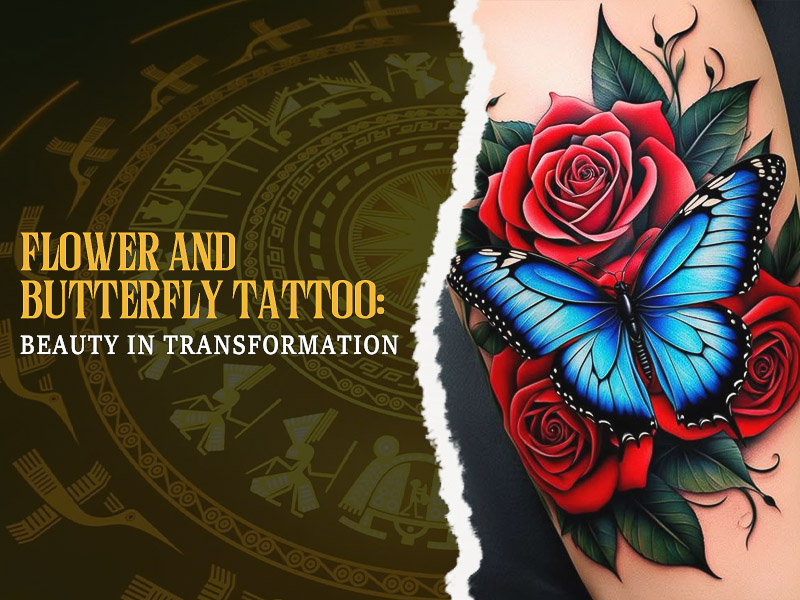 Symbolic flower and butterfly tattoo on skin.