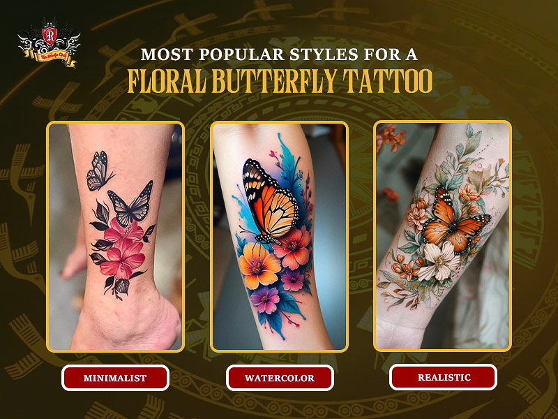 Comparison of minimalist, watercolor, and realistic flower and butterfly tattoo.