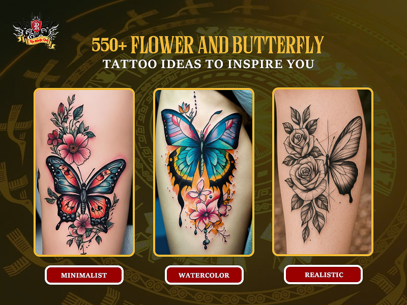 Stunning flower and butterfly tattoo in 3 styles.