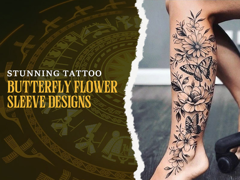 Tropical butterfly and floral tattoo sleeve design.