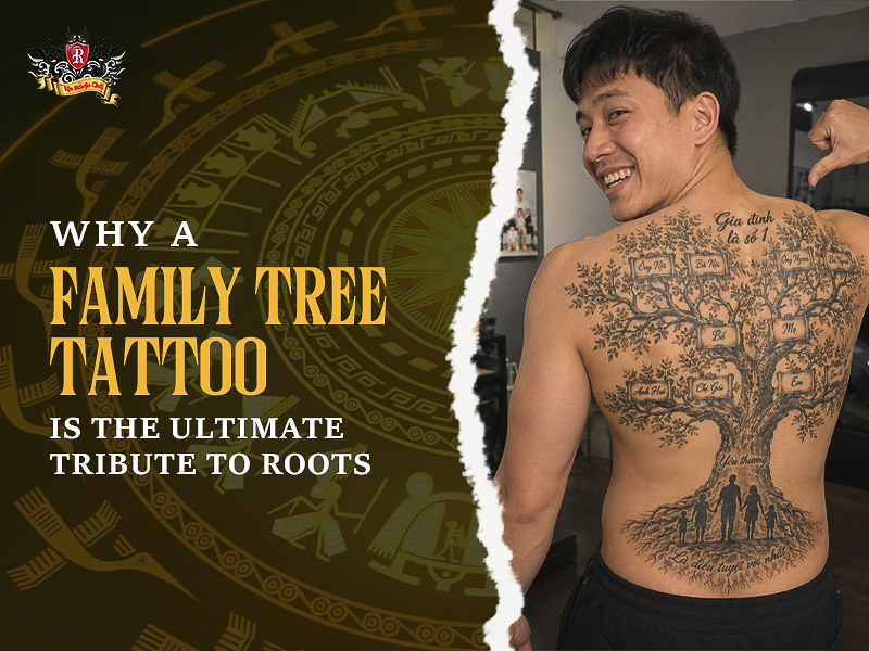 Proud man showing his detailed back family tree tattoo design.