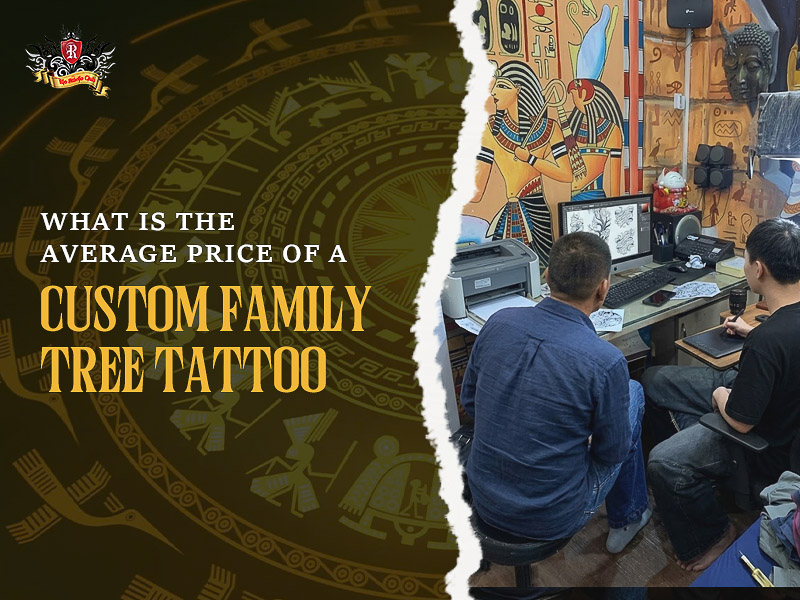 Artist discussing custom tattoos for family tree pricing at studio.