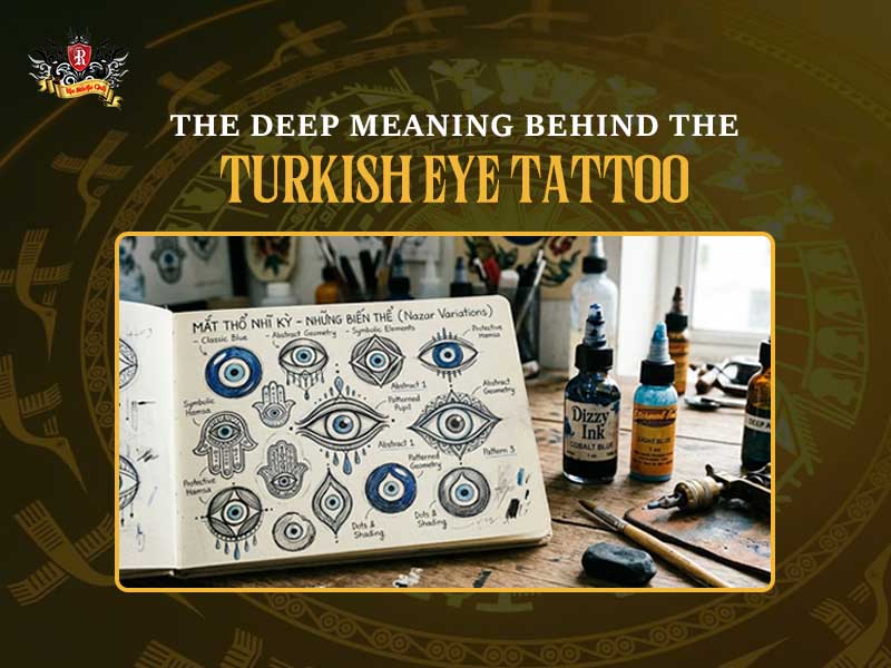 Sketch of various Turkish eye tattoo designs with cobalt blue ink bottles.