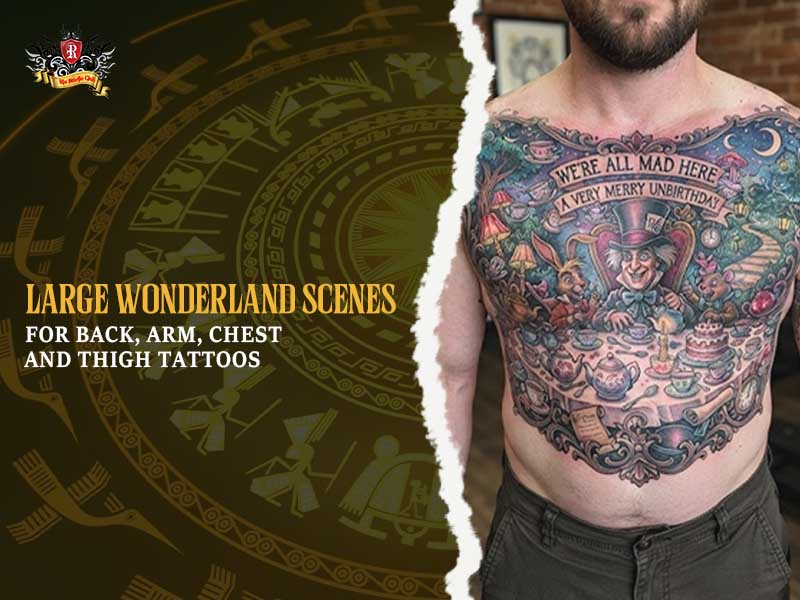 Grand chest piece recreating Mad Hatter's tea party scene as a detailed alice in wonderland tattoo at Rio Tattoo Studio.