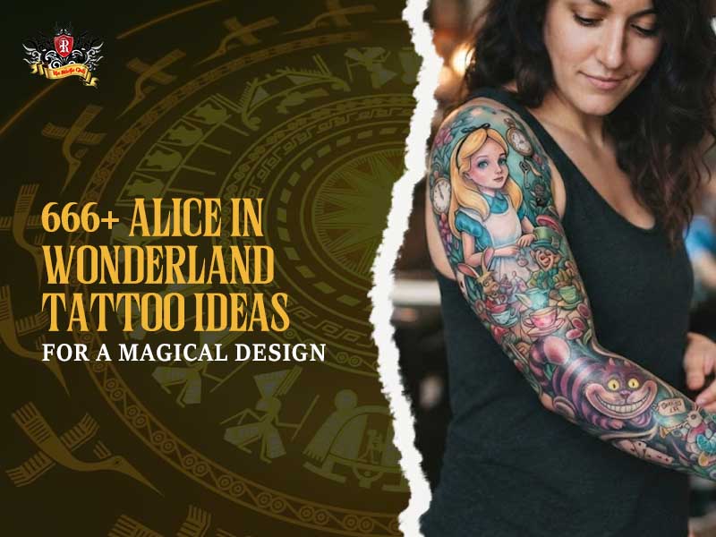 Cinematic full sleeve Alice in Wonderland tattoo with vibrant colors showing Alice and the Cheshire Cat at Rio Tattoo Studio.
